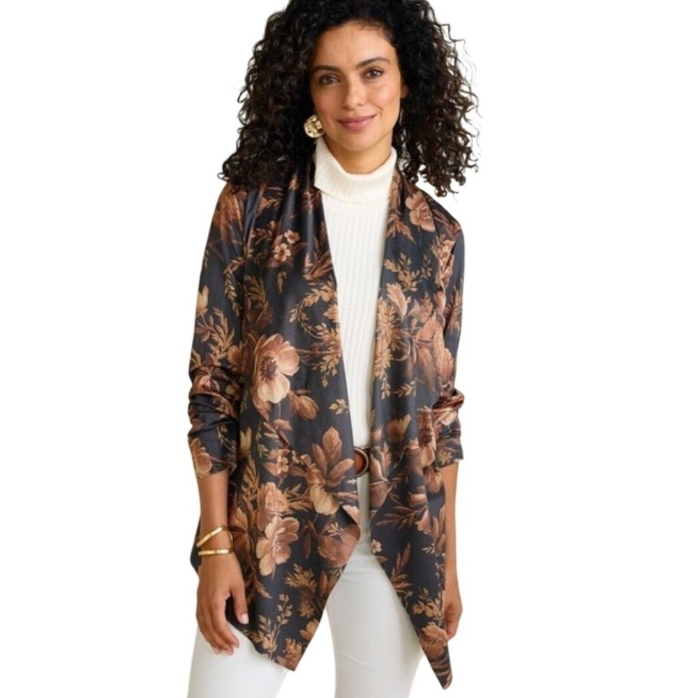Soft Surroundings‎ 2X Floral Open Front Draped Waterfall Cardigan Brown